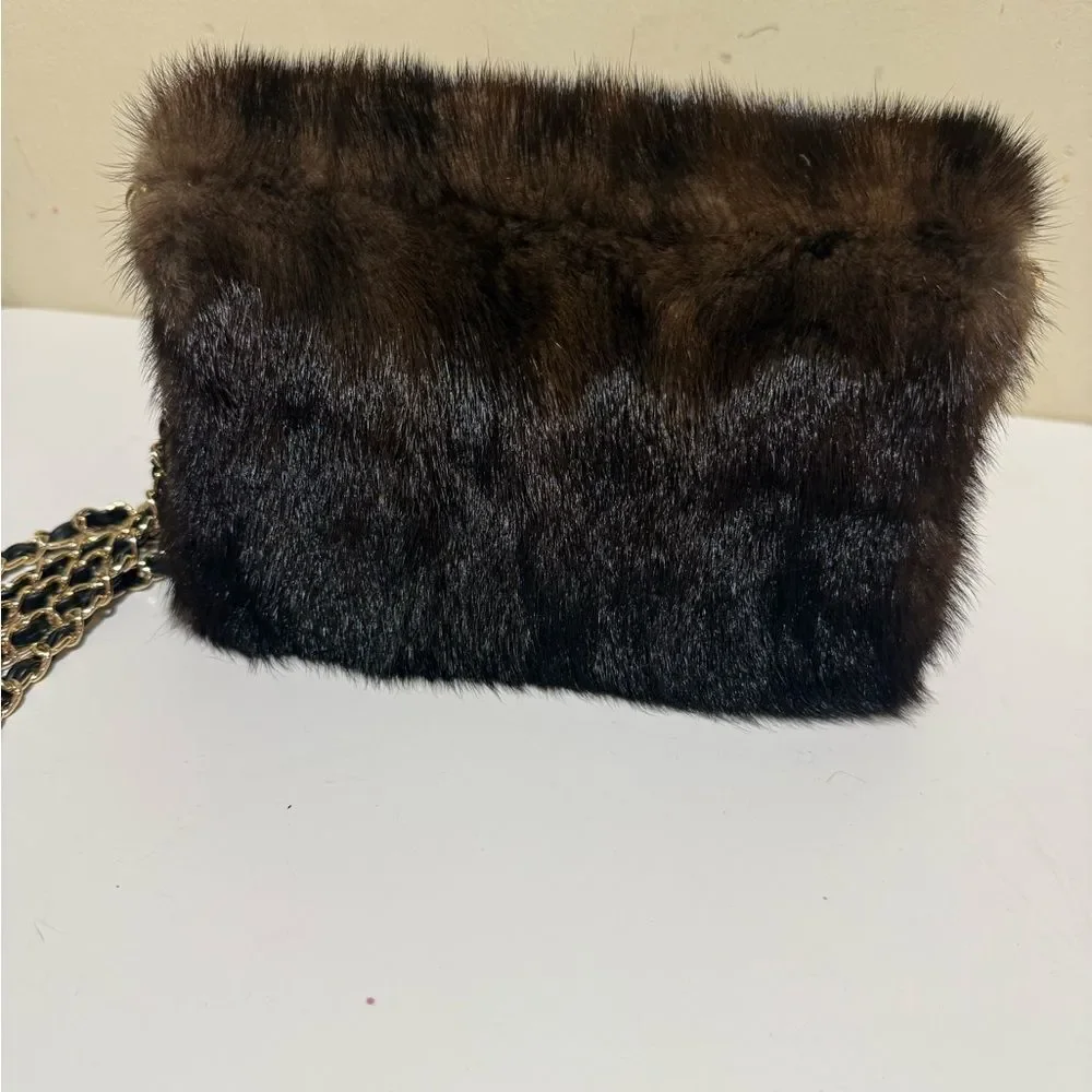 Elegant Black Fur Clutch with Chain Strap